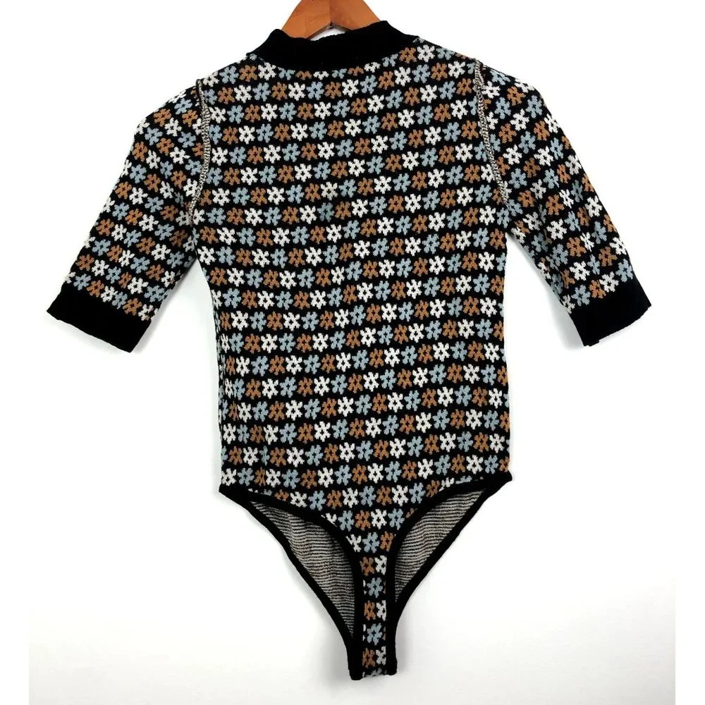 Free People Floral Knit Bodysuit in Black, Blue, Brown